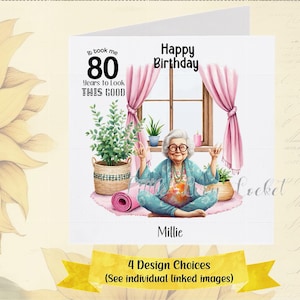 Tarjeta de 80 cumpleaños personalizada para mujer (4 diseños) - Tarjeta divertida para la edad - Abuela yoga - Octogenaria - 80 años - Abuela genial - Mamá - Gimnasio