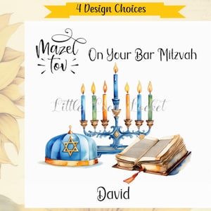 4 Design Choices-BAR MITZVAH Card-PERSONALISED-Coming of Age-Jewish Initiation-Celebration-Milestone-Religious-Tanakh-Kippah-Menorah-Male