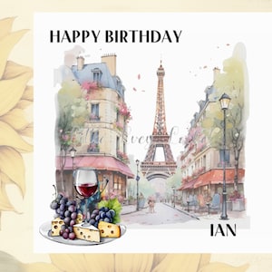 PARIS Theme Birthday Card-PERSONALISED-Watercolour Paris Backdrop-Wine, Cheese & Grapes-Unisex Birthday Card-Parisian Birthday Card-Eiffel