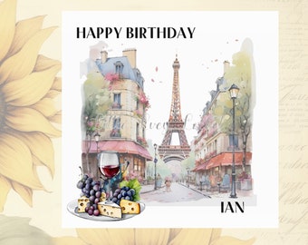 PARIS Theme Birthday Card-PERSONALISED-Watercolour Paris Backdrop-Wine, Cheese & Grapes-Unisex Birthday Card-Parisian Birthday Card-Eiffel