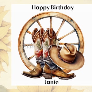 Carte d'anniversaire de bottes de COWBOY-personnalisé-danseuse de ligne-ouest sauvage-bottes de cow-girl imprimées de cactus avec chapeau sur chariot-houe en bas-danse de grange-éleveur