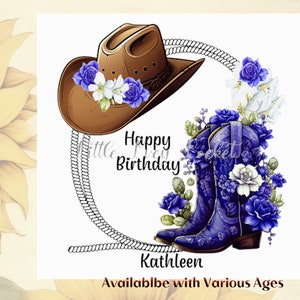 Carte d'anniversaire COWGIRL-personnalisée-âge anniversaire-bleu bottes/chapeau-18-21-30-40-50-60-70-80e danseuse en ligne anniversaire-anniversaire femme