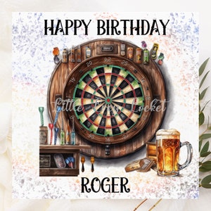 DARTBOARD & Bier-PERSONALISIERT-Geburtstagskarte-Dart Geburtstagskarte für Ihn-Pub Themed Geburtstagskarte für Mann-Aquarell Dartboard mit Bier Karte