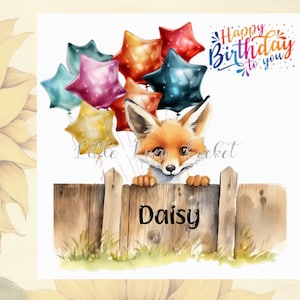 Carte d'anniversaire RENARD-personnalisée-renard furtif-aquarelle renard-ballons colorés-renarde-peeking renarde-carte d'anniversaire animal unisexe-renard mignon-Reynard