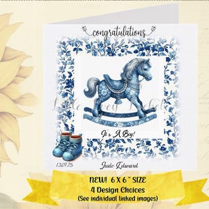 Tarjeta de felicitación para bebé niño - PERSONALIZADA - Bebé recién nacido - Caballo balancín chinoiserie azul - Nuevos padres/abuelos - Bebé recién nacido - Toile Baby