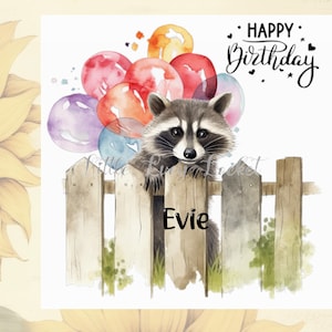 Tarjeta de cumpleaños de MAPACHE - PERSONALIZADA - Pingüino mapache que mira fijamente - Globos de colores - Tarjeta de cumpleaños de animal unisex - Tarjeta de cumpleaños de mapache en acuarela