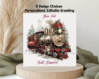 Christmas Train Card: Watercolour design, Personalised Editable Greeting, Locomotive, Steam Engine, Travel, Transport, Railway