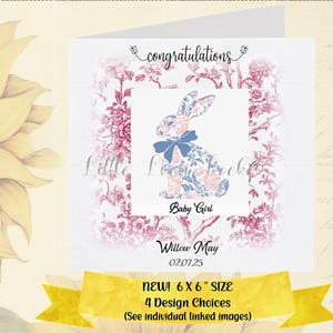 Carte de félicitations pour BÉBÉ FILLE - PERSONNALISÉE - Nouveau bébé - Toile rose/Chinoiserie Lapin - Nouveaux parents/Grands-parents - Nouveau-né - Baby Shower