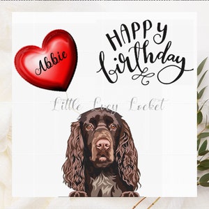 Tarjeta de cumpleaños personalizada para Cocker Spaniel (CHOCOLATE) con globo rojo. Tarjeta de cumpleaños de Cocker Spaniel con nombre en globo rojo.