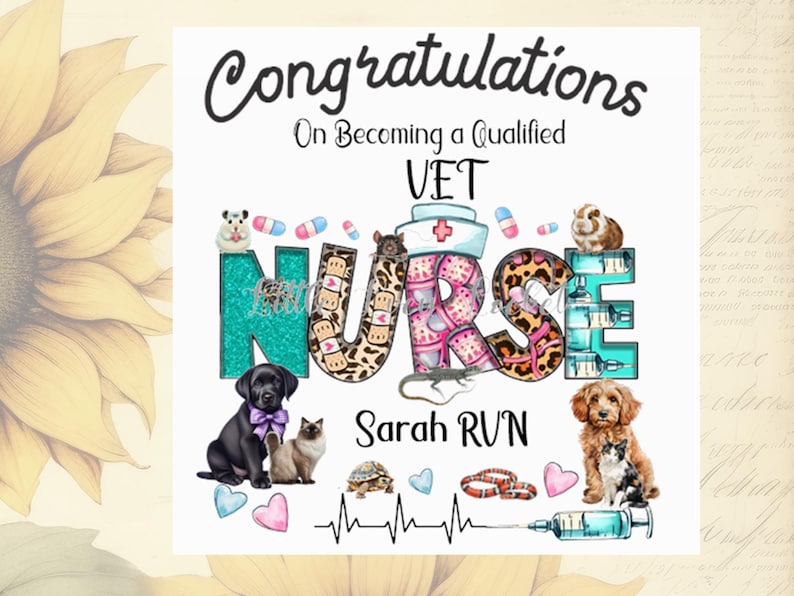4 alternativ - gratulationskort till veterinärsjuksköterska - nytt jobb - kvalifikation - legitimerad veterinärsjuksköterska - examination för legitimerad veterinärsjuksköterska - nyutexaminerad veterinärsjuksköterska - djursjuksköterska - legitimerad veterinär D