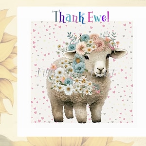Danke-Karte-Schaf-Thema-Danke-EWE-Florales-Schaf-auf-Herz-Hintergrund-Mit-Danke-Ewe-Karte-Dank-Anmerkung-Token-Kann-kann-PERSONALISIERT werden