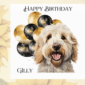Labradoodle Geburtstagskarte-PERSONALISIERT-LABRADOODEL Kopf mit Gold / Schwarzen Luftballons-Aquarellbilder-Champagne Doodle-Hundeliebhaber Geburtstagskarte