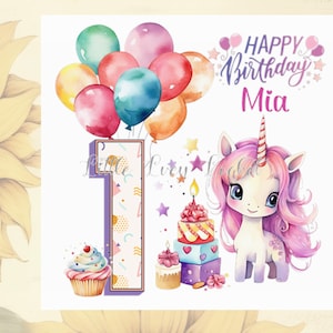1 Geburtstagskarte-PERSONALISIERT-Mädchen Erster Geburtstag-Kindergeburtstag-Einhorn-Ballons-Baby Geburtstagskarte-Magische 1 Geburtstagskarte-Geschenke-Kuchen