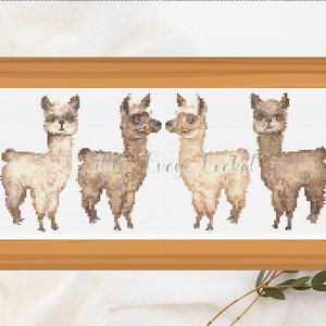 May include: Four brown and white alpacas with black eyes and noses are standing side by side. The alpacas are facing forward and have their heads slightly tilted. The alpacas are on a white background.