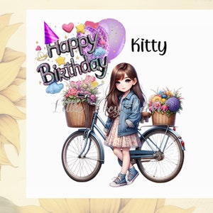 Süsse Mädchen Geburtstagskarte-PERSONALISIERT-Mädchen mit Fahrrad/Luftballons/Blumen-Manga-Kawaii-Japanime-Pre-Teen Geburtstag-Karikatur-Tochter Geburtstag-TWEEN