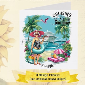 Tarjeta de 70 cumpleaños personalizada, 4 diseños a elegir, para mujer, divertida, temática de crucero, septuagésima, para una abuela glamurosa.