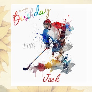 Tarjeta de cumpleaños de hockey sobre hielo personalizada - Tarjeta de cumpleaños de jugador de hockey - Tarjeta de cumpleaños de hockey sobre hielo con acuarela para él - Tarjeta para niño adolescente - Cumpleaños masculino