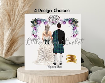 Tarjeta de boda escocesa - PERSONALIZADA - Novios con kilt - 4 diseños - Boda en las Tierras Altas - Sr. y Sra. - Felicitaciones - Gaélico - Caledonio - Tartán - Cardos