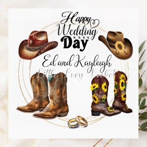 Tarjeta de boda personalizada para novios, botas vaqueras, con nombres, estilo salvaje oeste, nupcias y felicitaciones.