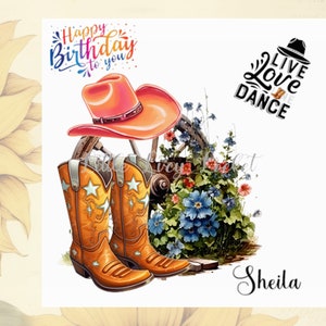ORANGE, bottes de cowboy et chapeau de cow-girl, carte d'anniversaire personnalisée, carte de danseuse de ligne, roue de chariot, bottes de cow-girl et carte de chapeau pour danseur de ligne, motif floral