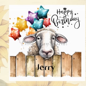 Schäfchen Geburtstagskarte-PERSONALISIERT-Schafe gucken über Tor-Aquarell Widder/Ewe Bunte Luftballons-Schaf Geburtstagskarte-Farm Tier Karte