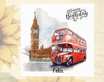 LONDON BUS Card-PERSONALISED-Watercolour London Background-Red Bus-Big Ben-British-London Theme Birthday Card-Male Birthday-Double Decker