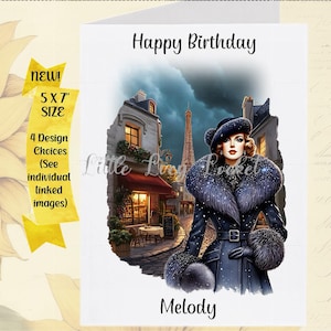 Tarjeta de cumpleaños ART DECO - PERSONALIZADA - 4 diseños a elegir - Años 20 - París con una dama de los años 20 - Nuevo tamaño 5x7 - Elegante tarjeta de cumpleaños femenina - Parisina