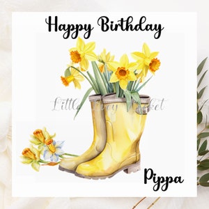 Tarjeta de cumpleaños personalizada con botas florales - Botas NARCISO - Botas amarillas con narcisos - Tarjeta de cumpleaños floral - Cumpleaños femenino - Flores - Narcisos de primavera
