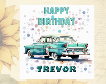 Tarjeta de cumpleaños personalizada con diseño de coche de los años 50: Diseño retro de automóviles