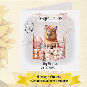 Carte CAPYBARA bébé fille-personnalisé-naissance carte de félicitations-nouveau-né bébé fille-bébé carte-mignon carte de bébé Capybara-fille-nouveaux parents