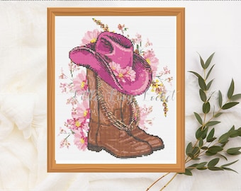 Cowboy Boots and Hat Cross Stitch Chart-Instant Download-Pdf-Chart Only-X Stitch Chart for LINE DANCING Fan-Cowboy Hat-Cowboy Boots-Flowers