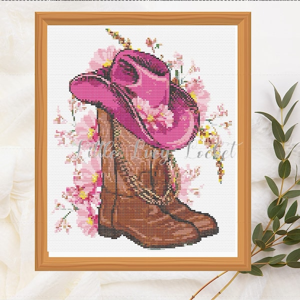 Cowboy Boots and Hat Cross Stitch Chart-Instant Download-Pdf-Chart Only-X Stitch Chart for LINE DANCING Fan-Cowboy Hat-Cowboy Boots-Flowers