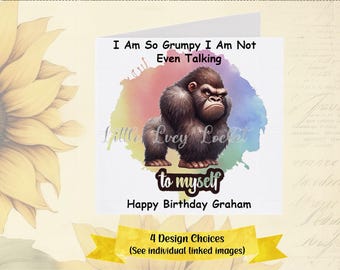 GRUMPY GORILLA Birthday Card-PERSONALISED-4 Design Choices-Funny Animal Card-Ape-Monkey-Primate-Angry Gorilla-Unisex Birthday Card-Humour