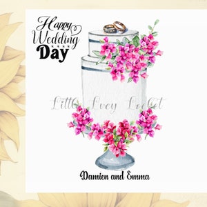Tarjeta de pastel de bodas PERSONALIZADA - Hermoso pastel decorado con buganvillas - Anillos de boda en el nivel superior - Novia y novio - Día de la boda