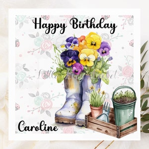 PERSONALIZED Floral Boots Geburtstagskarte-PANSY Boots-mit Garten Trug-Boots gefüllt mit Stiefmutterchen-Female Geburtstag Card-Flowers-Floral Card