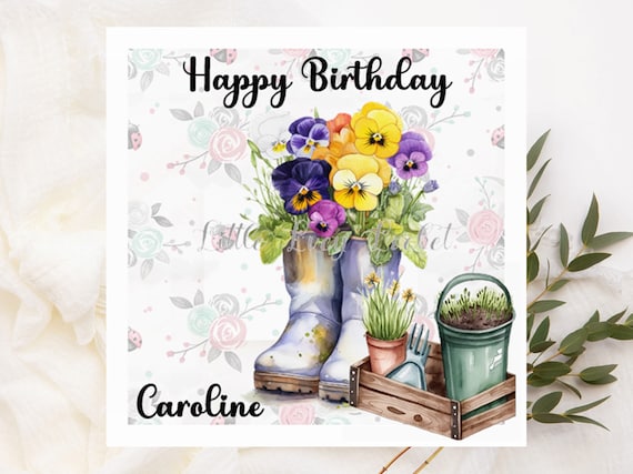 Biglietto Di Compleanno Per Figlia A Tema Giardinaggio - Design Stivali Di Gomma E Fiori - Cartolina Con Busta, Vuota Dentro - Stampata In Inghilterra Su Cartone FSC
