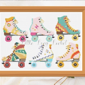 May include: Cross stitch pattern featuring six pairs of colorful roller skates with different designs. The pattern includes pink, yellow, blue, green, and white colors.