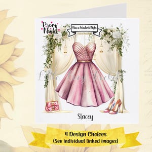 Tarjeta de graduación - 4 diseños a elegir - PERSONALIZADA - Arco floral - Vestido, zapatos y bolso de graduación - Tarjeta de graduación de moda para ella - Tarjeta de reina del baile - Hija/Nieta