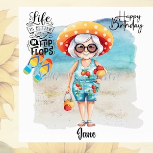 Vieille dame-personnalisée-carte d'anniversaire pour elle-la vie est meilleure dans des tongs-carte d'esprit-humour-Wisecrack-Quip-Pun carte pour femme-drôle femme