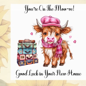 Tarjeta de nuevo hogar - Moo-ving Home - COW con maletas - Instalación de un nuevo hogar - Nueva casa - Morada - Vivir juntos - Nuevo comienzo - Reubicación - Cambio de dirección - Mudanza