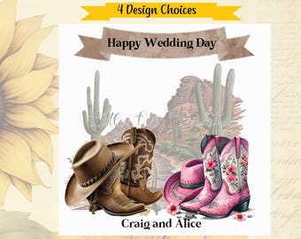 Carte de mariage 4 choix de modèles-Bottes de COWBOY-Personnalisé-Mariée-Marié-Wild West-Éleveur-Chapeau de cowboy-Mr et Mme-Mariage-Line Dancing-Brun/Rose
