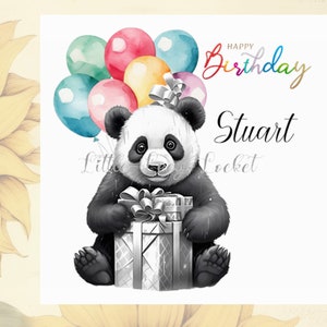 Carte d'anniversaire PANDA - PERSONNALISÉE - Carte d'anniversaire panda noir et blanc - Ballons colorés en sourdine - Carte d'anniversaire animal - unisexe - Panda géant avec cadeau-ours
