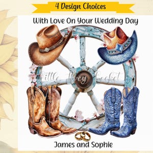 4 opciones de diseño: tarjeta para el día de la boda con botas de vaquero, personalizada, novia y novio, ranchero del lejano oeste, sombrero de vaquero, señor y señora, baile en línea, rueda azul y marrón