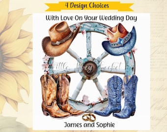 4 choix de modèles-Bottes de COWBOY-Carte de mariage personnalisée-Mariée-marié-Wild West-Éleveur-Chapeau de cowboy-Mr et Mme-Line Dancing-Bleu/marron-Roue