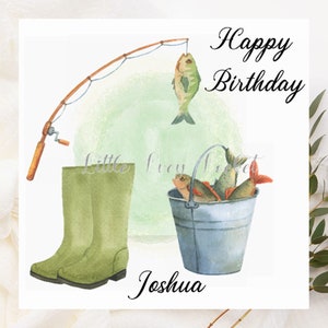 Tarjeta de cumpleaños de pesca personalizada, acuarela, caña de pescar, cubo y botas, cumpleaños de pescador, tarjeta de cumpleaños de pescado para él.