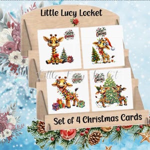 Set of 4  GIRAFFE themed Christmas Cards-Funny Giraffe Xmas Cards-Quirky Giraffe Cards-Fun Christmas Cards-Animal Xmas Cards-Children Xmas