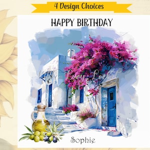 GREEK Theme Geburtstagskarte-PERSONALISIERT-4 Designauswahl-Santorini Backdrop-Unisex Card-Griechenland-Griechische Insel-Mittelmeer-Griechischer Geburtstag