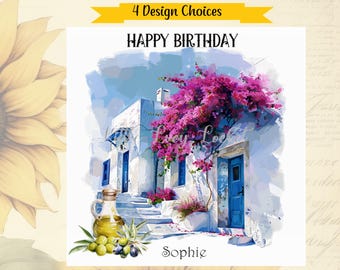 GREEK Theme Birthday Card-PERSONALISED-4 Design Choices-Santorini Backdrop-Unisex Card-Greece-Greek Island-Mediterranean-Grecian Birthday