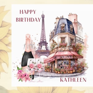 PARIS thème carte d'anniversaire-personnalisée-aquarelle Paris toile de fond-vin avec floral verres à vin-femelle carte d'anniversaire-Rose vin-carte parisienne