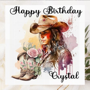 Carte d'anniversaire COWGIRL - PERSONNALISÉE - Carte d'anniversaire sur le thème du Far West pour elle - Cowgirl aquarelle avec des bottes de cow-girl fleuries - Carte d'anniversaire western